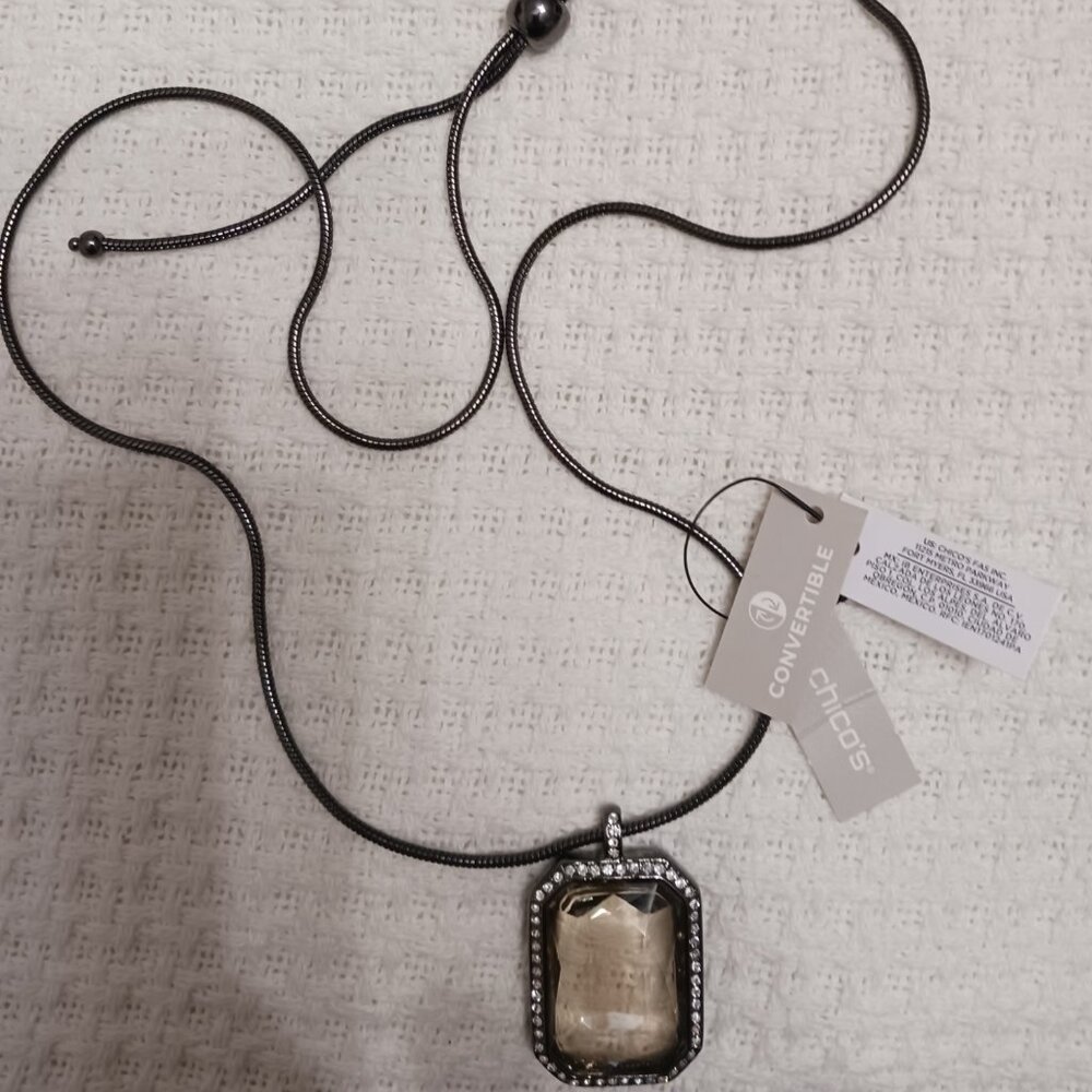 Chico's Convertible Hematite Smoky Quartz Pendant Necklace 40" NWT